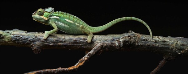 Wall Mural - Green chameleon on a branch against an isolated black background