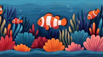 Poster - Discover the vibrant hues of underwater kingdoms with illustrations showcasing intricate coral formations, lively fish species, and the serene ambiance of marine life. Clean and Clear Color,