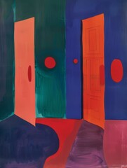 Wall Mural - An abstract painting of an interior space with two red doors, green and blue walls, and a red floor