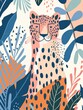 © pham - A pink leopard with black spots is nestled in a vibrant jungle setting, surrounded by blue and orange leaves