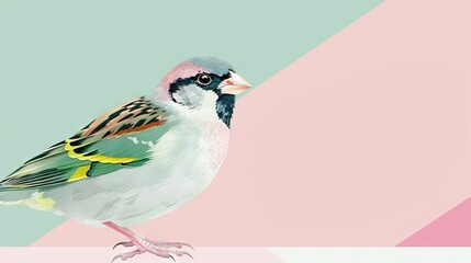 Poster -  A vibrant bird perched on a multi-colored striped background with a blend of pink and blue in the backdrop