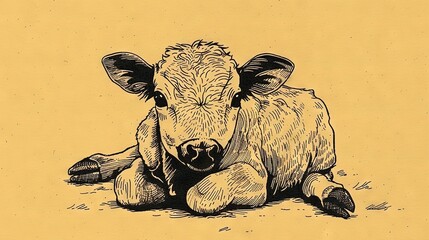 Sticker -   A monochromatic image of a cow lying down with its head turned to the side