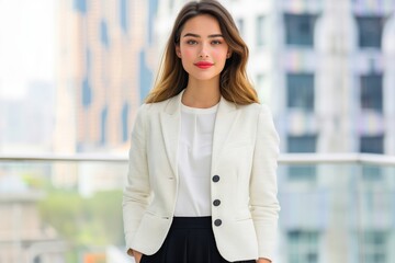 Confident young businesswoman in a white blazer and black pants, standing outdoors with modern buildings behind her.