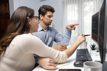 team skilled developers program thinking newest coding creative website planning software project on