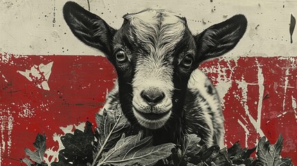 Wall Mural -  Goat on Red & White Wall, Leaves in Foreground