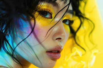 Wall Mural - A beautiful woman with yellow makeup and yellow and black hair