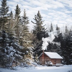 Wall Mural - Charming Rustic Cabin Nestled in a Winter Wonderland, Surrounded by Snow-Covered Forest with Chimney Smoke Rising in Crisp Air, AI-Generated Background