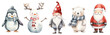 © Nataliia Pyzhova - Watercolor set of cute Christmas characters: penguin, snowman, scandinavian gnome, polar bear and Santa Claus isolated on white background