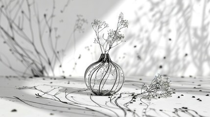 Wall Mural -   Photo of a vase with flowers in black and white, casting a shadow on the wall behind it