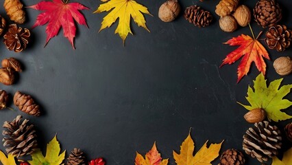 Colorful autumn leaves nuts and pine cones Double border over a rustic dark banner background Top do
