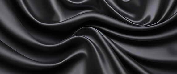 Black silk background with dark luxurious fabric draped texture folds in waves of flowing soft pattern, abstract satin or velvet cloth in luxury material design. ai