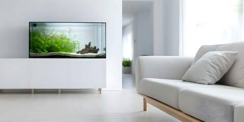 Canvas Print - Modern living room with wooden furniture and aquatic aquarium design. Concept Interior Design, Modern Living Room, Wooden Furniture, Aquatic Aquarium Design