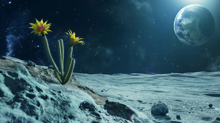 Wall Mural - A small cactus grows on the surface of the moon. The cactus is surrounded by a rocky landscape, with planet Earth in the background.