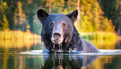 Canvas Print - A black bear peeking out from a lake in the forest