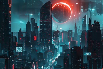 A futuristic cityscape at night, with glowing lights and a large, red orb in the sky.