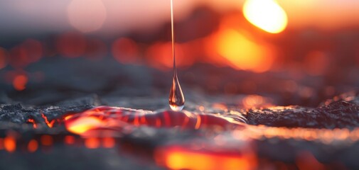 A single drop of red hot lava dripping from a molten rock, glowing brightly, set against a volcanic landscape, ideal for geological and natural phenomena themes