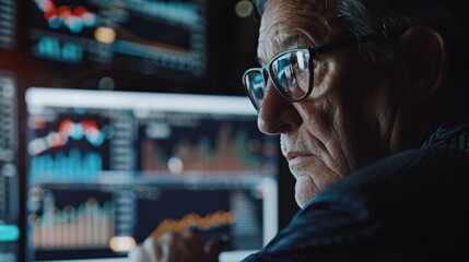 Wall Mural - a mature accountant wearing glasses is deeply focused on analyzing financial data displayed on multi