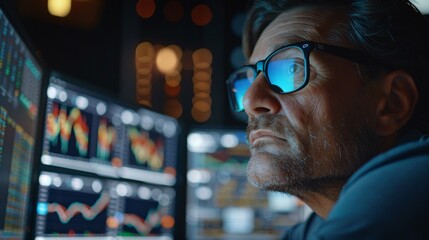 Wall Mural - a mature accountant wearing glasses is deeply focused on analyzing financial data displayed on multi