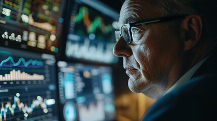 Wall Mural - a mature accountant wearing glasses is deeply focused on analyzing financial data displayed on multi