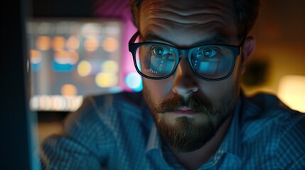 Wall Mural - an account manager working late at the office, analyzing sales data on a computer screen with a focu