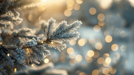 Wall Mural - A tree branch covered in snow and lights. Christmas background