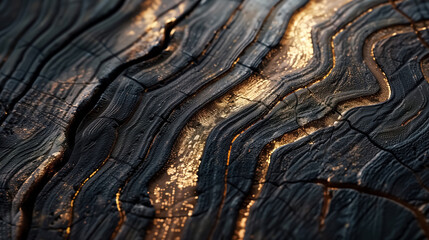 Intricate natural patterns and textures of the wood surface with gold veining