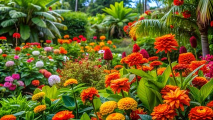 Canvas Print - In the vibrant garden, amidst the verdant green foliage, colorful flowers of orange, red, and various hues danced with the summer breeze, showcasing their natural beauty and adding a touch of tropical