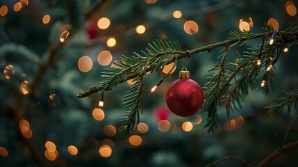 A red Christmas ornament hangs from a tree branch. Christmas background