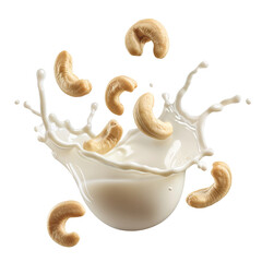 Wall Mural - Delicious cashew nuts splashing into milk, yoghurt, or smoothie, cut out