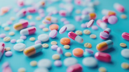 Poster - Colored pills scattered on blue background close up Symbolizing medicine for COVID 19 Foreground in focus