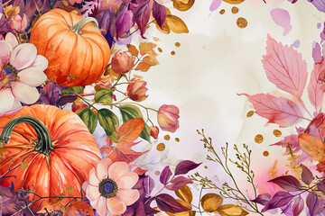 colorful pumpkins and fall leaves on watercolor background, space for text, fall background, template, invitation