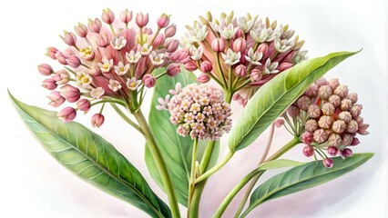 Wall Mural - Delicate strokes in watercolor reveal the whispering elegance of Asclepias flowers, painting a serene portrait on a canvas of pure white.