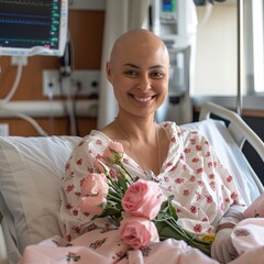 Wall Mural - photo of smiling breast cancer survivor holding flowers in hospital
