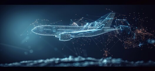 futuristic digital rendering of an airplane made of light and lines in mid-flight