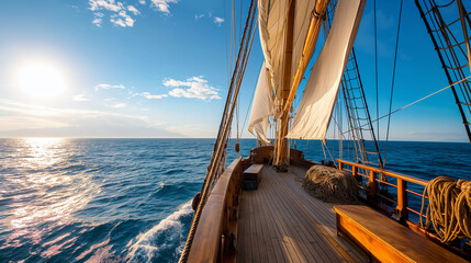 sailing ship sailing in the sea, sunny weather, doldrums in the ocean, view from the deck of the shi