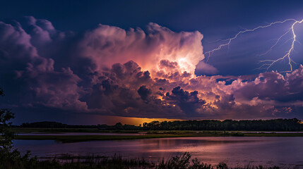 Wall Mural - a bright huge storm cloud with lightning, a thunderous sky.