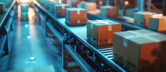 Cardboard Boxes on Conveyor Belt in Warehouse, Logistics and Shipping