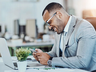 Canvas Print - Laptop, graphs and businessman with phone in office for investment, update and growth of revenue. Corporate, network and smile with tech for trading portfolio, report and reading finance news