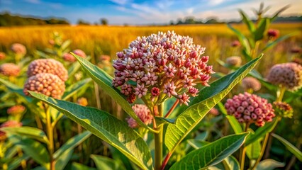 Blooming wild flower Asclepias syriaca rare herbaceous plant in a field in autumn outdoors. Photography, nature.