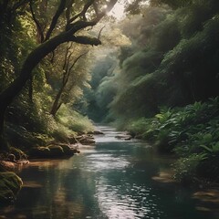 Wall Mural - AI generated illustration of a serene forest stream surrounded by lush green foliage