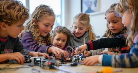 Group of children engaged in interactive robotics activity with excitement and curiosity