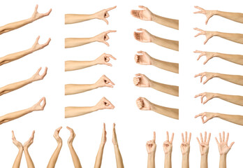 Wall Mural - Hands measuring invisible items gesture. Multiple images set of female caucasian hand with french manicure Hands measuring something