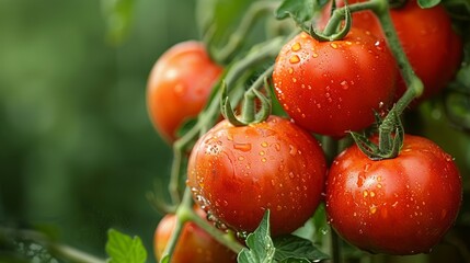 Wall Mural - cherry tomatoes on a plant with soft green foliage background with copy space