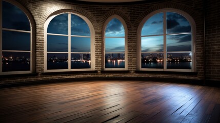 Canvas Print - Empty room with large windows overlooking the night city.