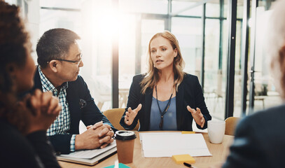 Poster - Office, meeting and business people with documents in discussion for negotiation, proposal and planning. Employee, communication and idea in consultation for b2b merger, acquisition and consolidation