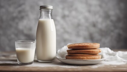 Wall Mural - Healthy breakfast with milk bottle on wooden table against marble textured backdrop