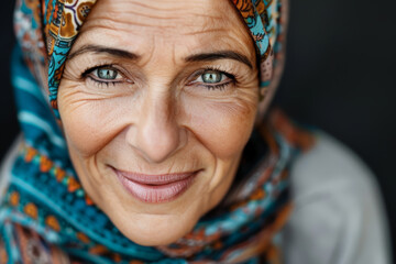 Wall Mural - Close-up portrait of a middle aged woman of Middle Eastern descent, studio photo, against a sleek gray studio backdrop