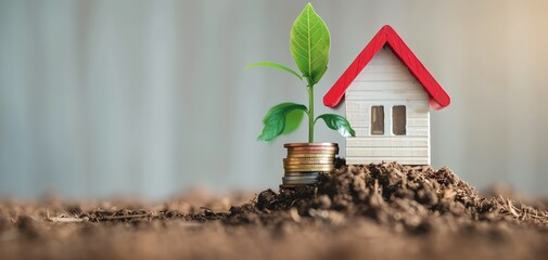 Poster - A house with a plant growing out of it and a pile of coins next to it