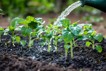 Watering young plant seedlings in sunlit garden