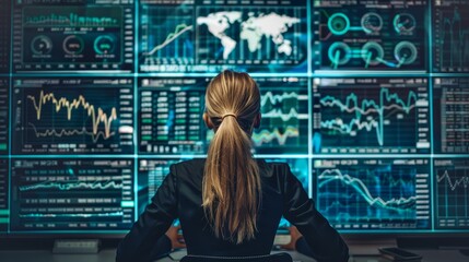 Poster - Scifi-Themed Private Equity Analyst Reviewing Comprehensive Financial Data and Analytics on Multiple Screens for Insightful Investment Strategies and Portfolio Management - Scifi-Themed Private Equity